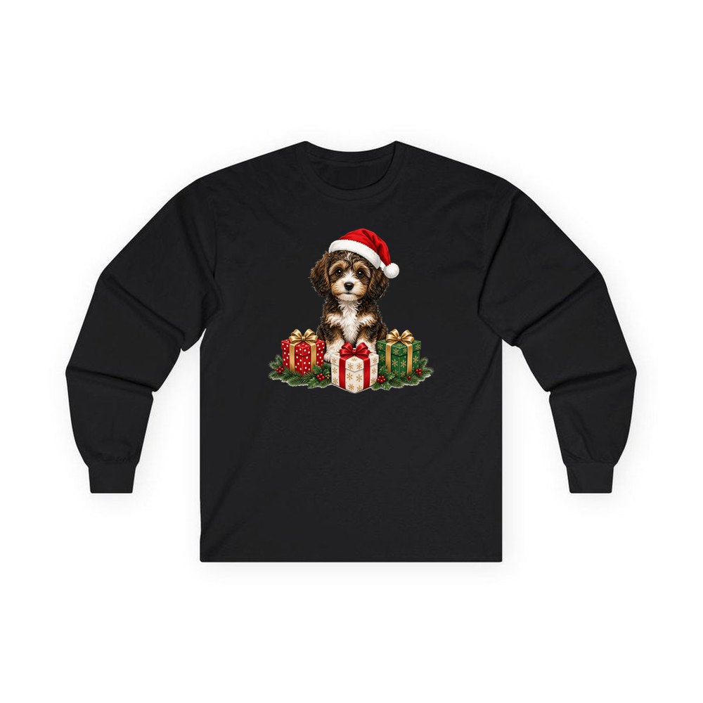 Cavoodle Puppy with Presents personalised long sleeve Christmas T-shirt in black