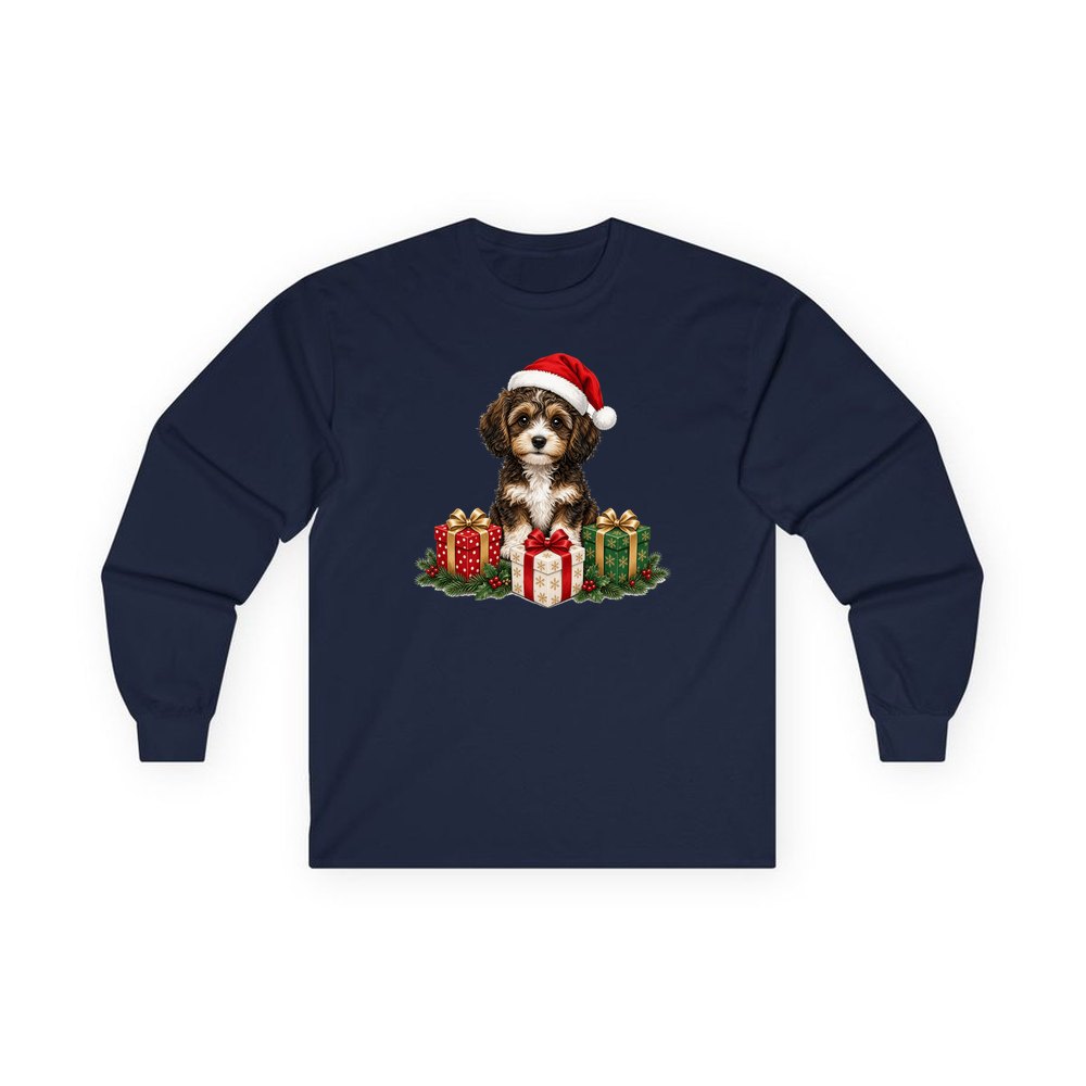 Cavoodle Puppy with Presents personalised long sleeve Christmas T-shirt in navy