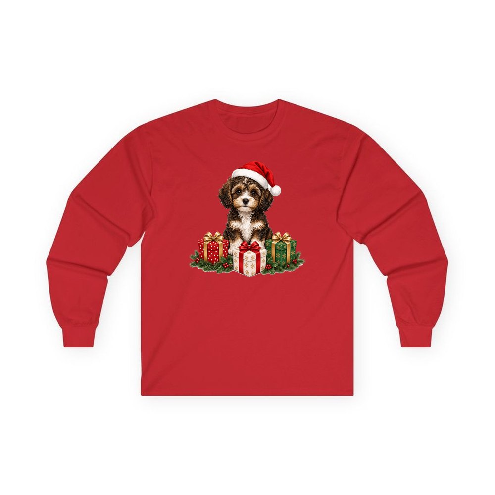 Cavoodle Puppy with Presents personalised long sleeve Christmas T-shirt in red
