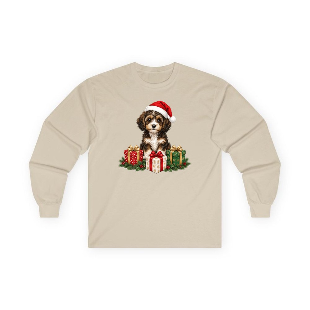 Cavoodle Puppy with Presents personalised long sleeve Christmas T-shirt in sand