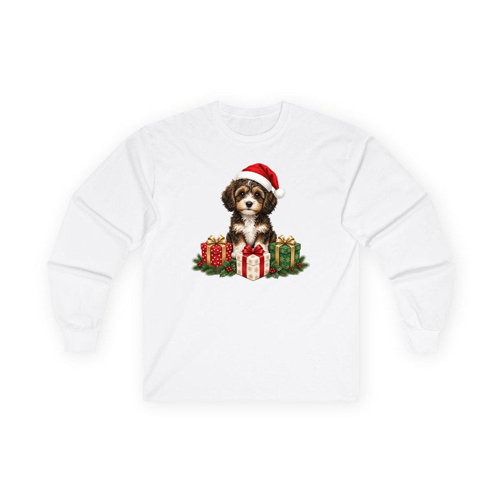 Cavoodle Puppy with Presents personalised long sleeve Christmas T-shirt in white