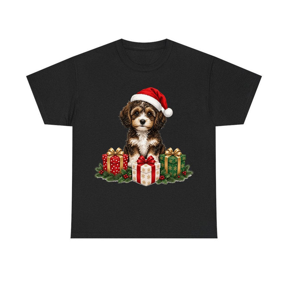 Cavoodle Puppy with Presents personalised Christmas T-shirt in black