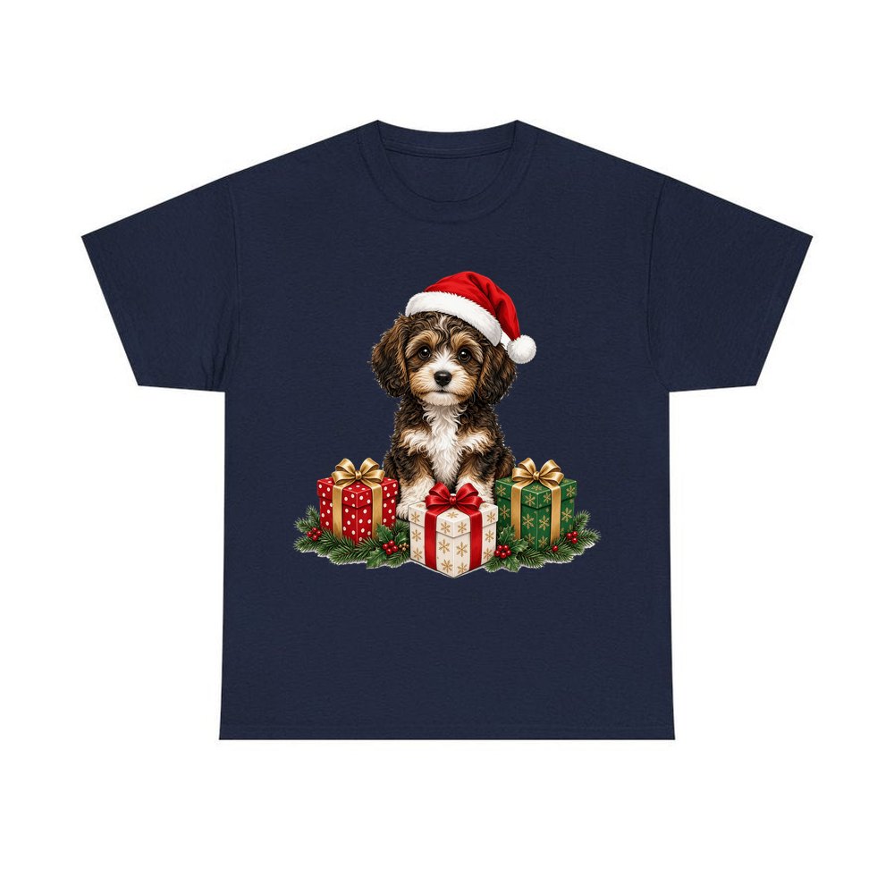 Cavoodle Puppy with Presents personalised Christmas T-shirt in navy