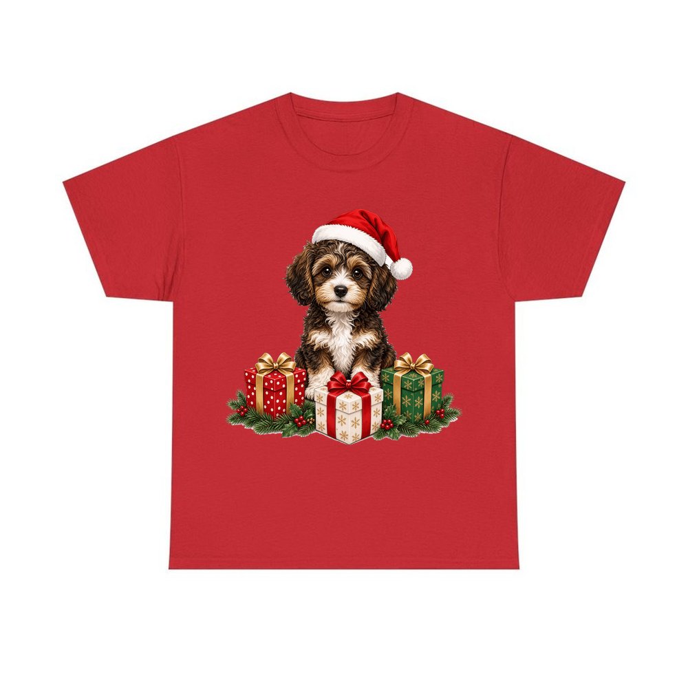 Cavoodle Puppy with Presents personalised Christmas T-shirt in red