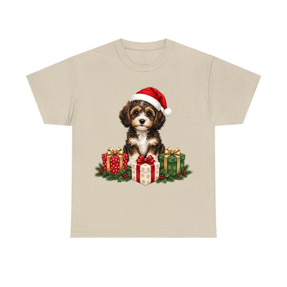 Cavoodle Puppy with Presents personalised Christmas T-shirt in sand
