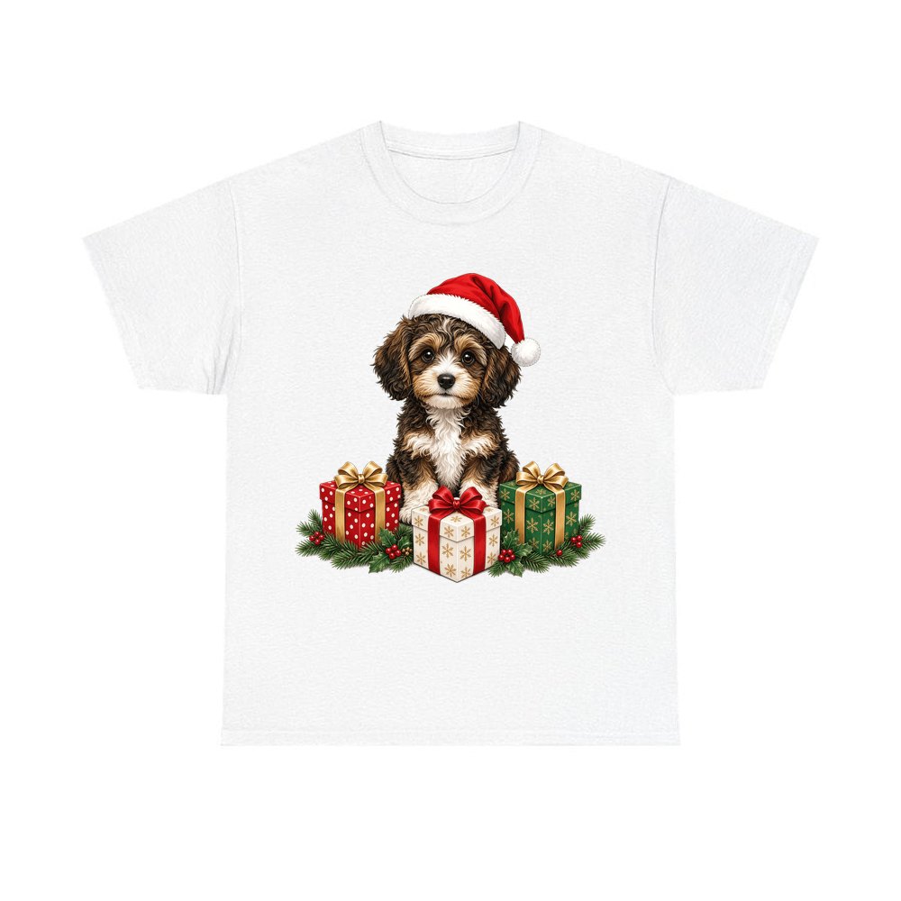 Cavoodle Puppy With Presents design on a white tee