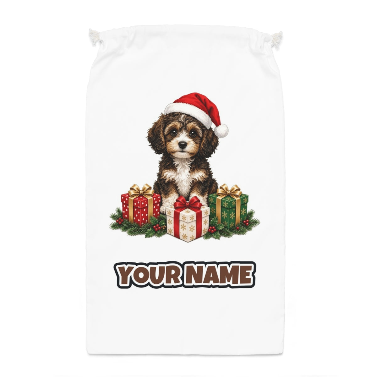 Cavoodle Puppy with Presents Santa sack laid flat, showing the full print