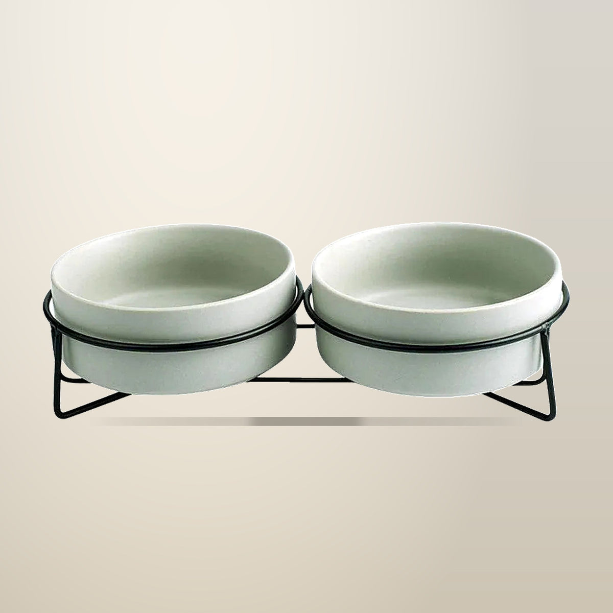 Elevated Ceramic Pet Bowl Set on Metal Stand, 400 ml, on a plain cream background
