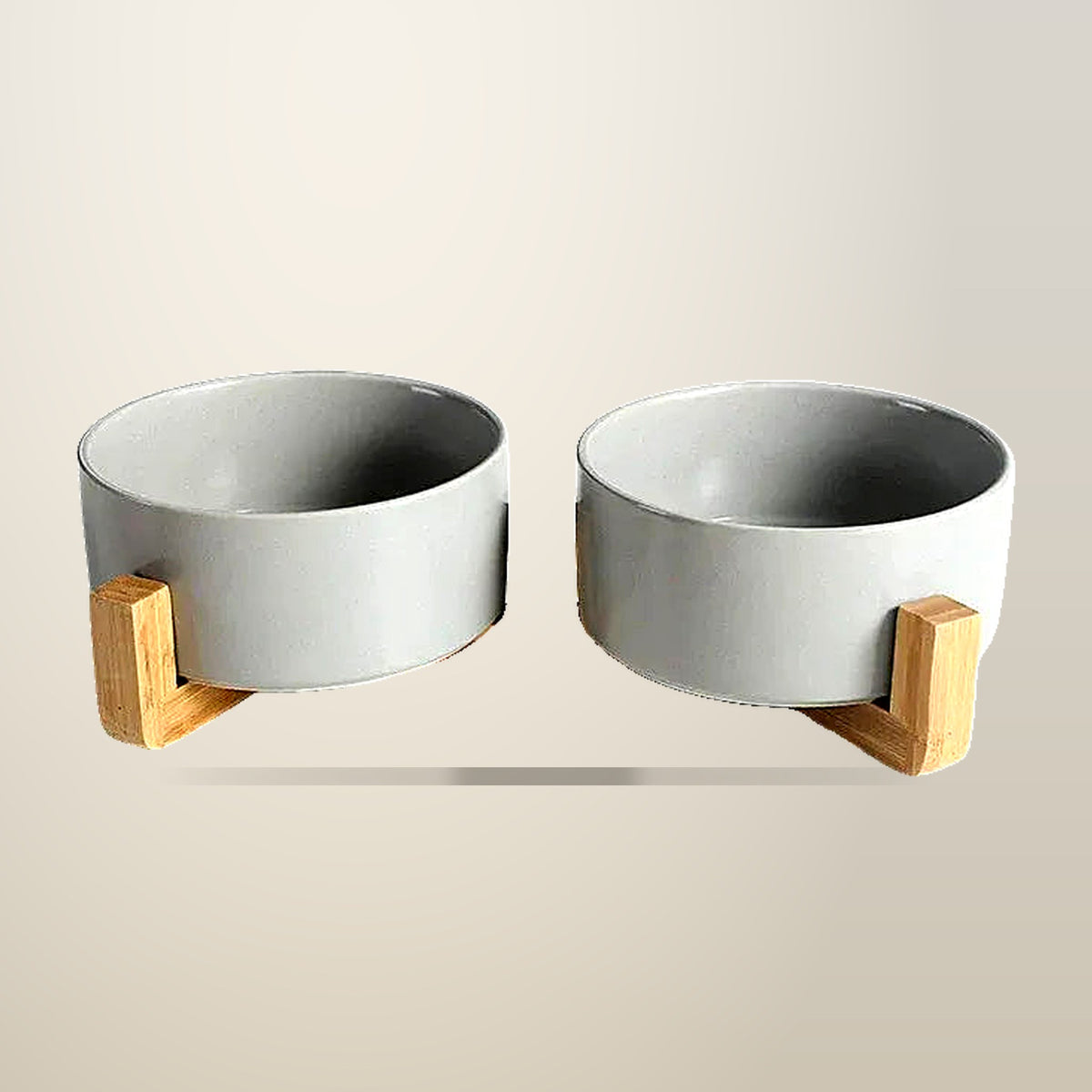 Elevated Double Ceramic Bowl on Bamboo Stand, 30 cm, on a plain cream background