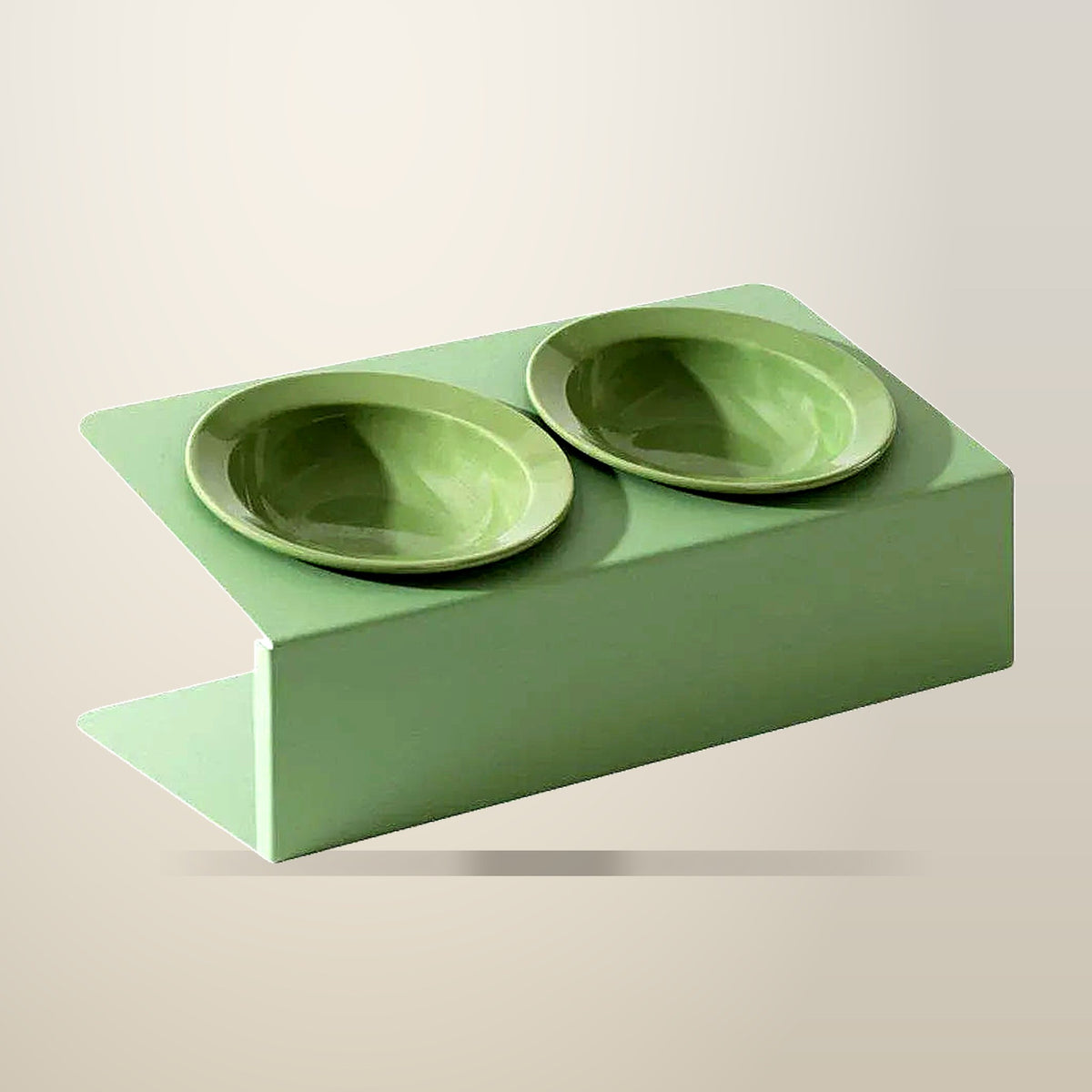 Slanted Double Ceramic Pet Bowl, 15 Degree Angle, on a plain cream background