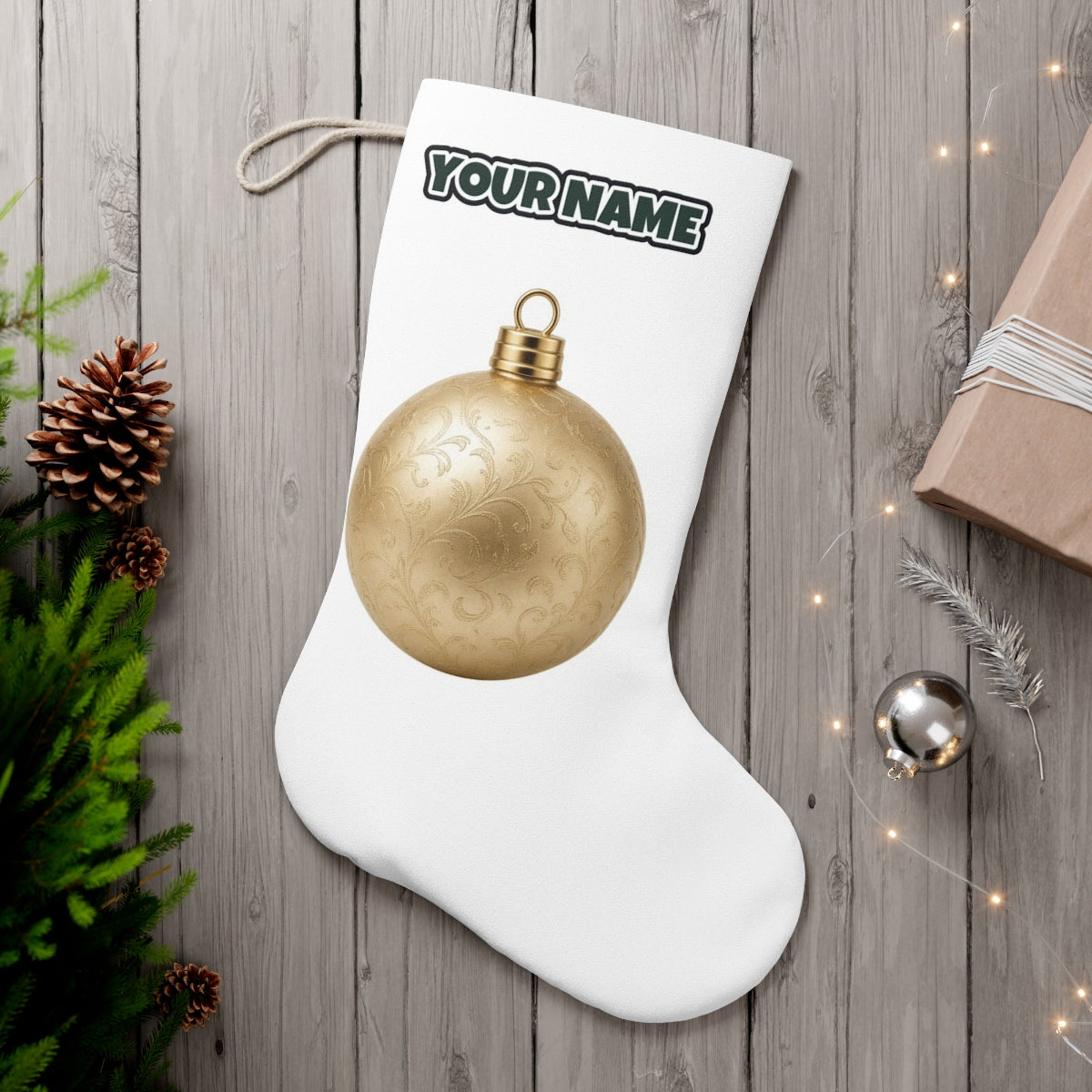 Champagne Gold Bauble personalised Christmas stocking, white, with the name across the top