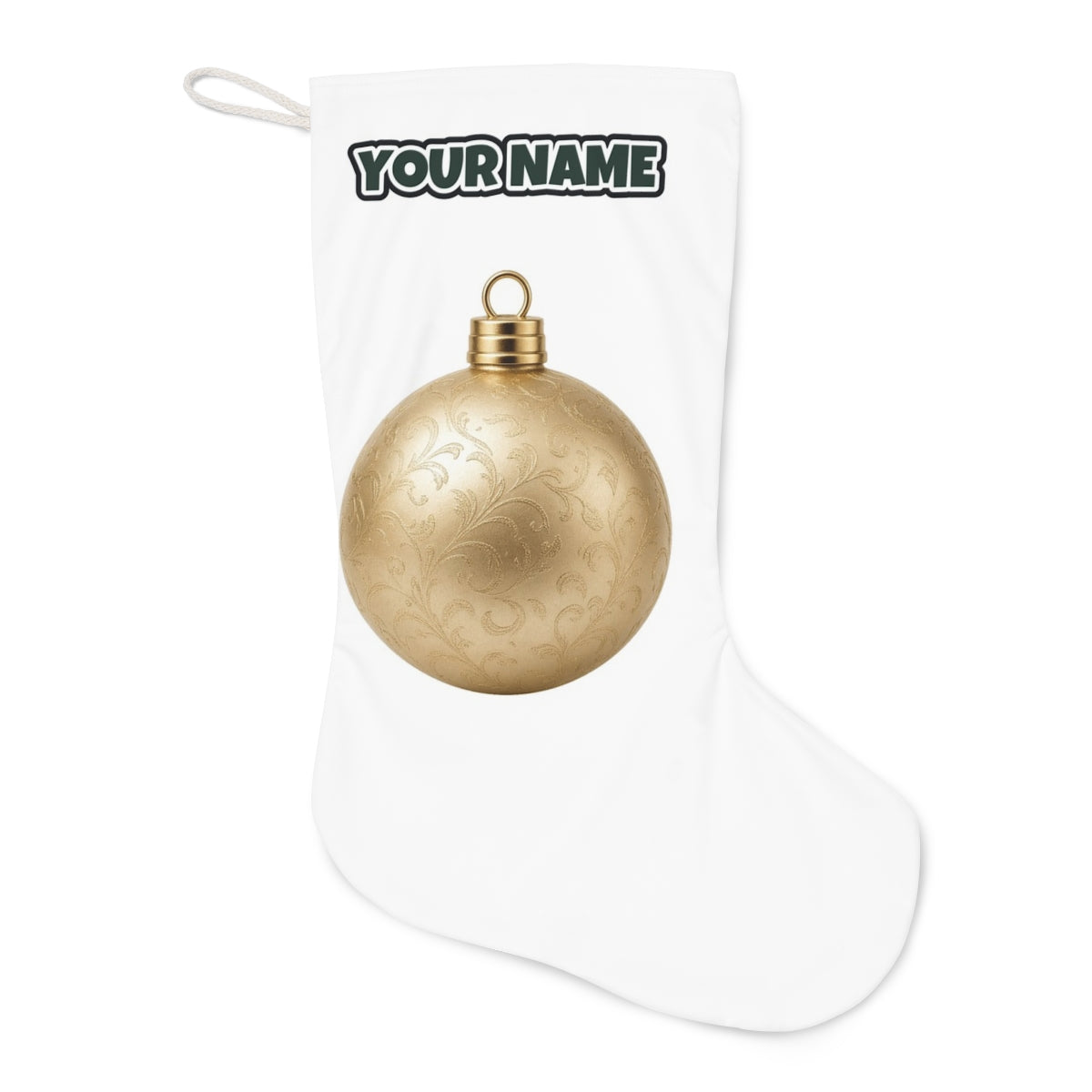 Champagne Gold Bauble Christmas stocking laid flat, showing the full print