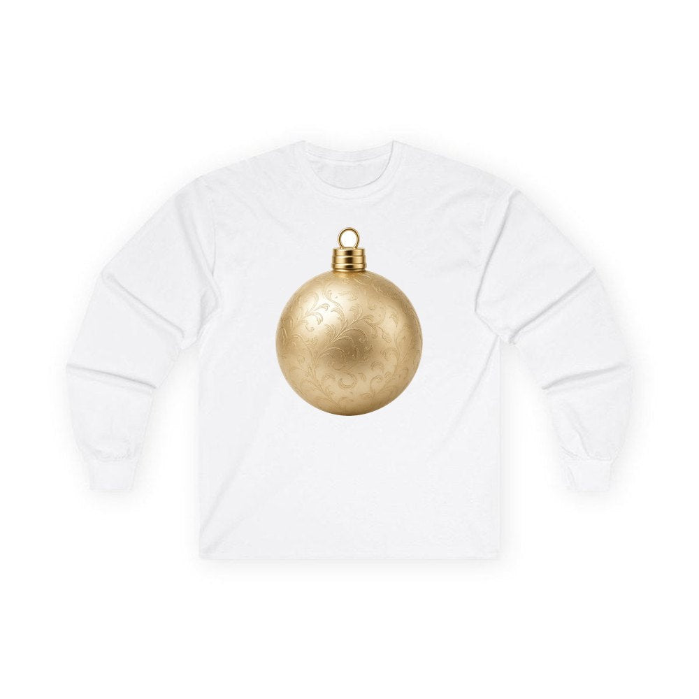 Champagne Gold Bauble personalised long sleeve Christmas T-shirt in white