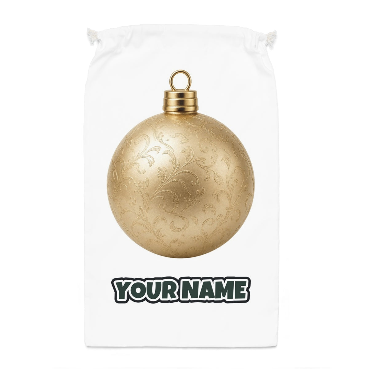 Champagne Gold Bauble Santa sack laid flat, showing the full print