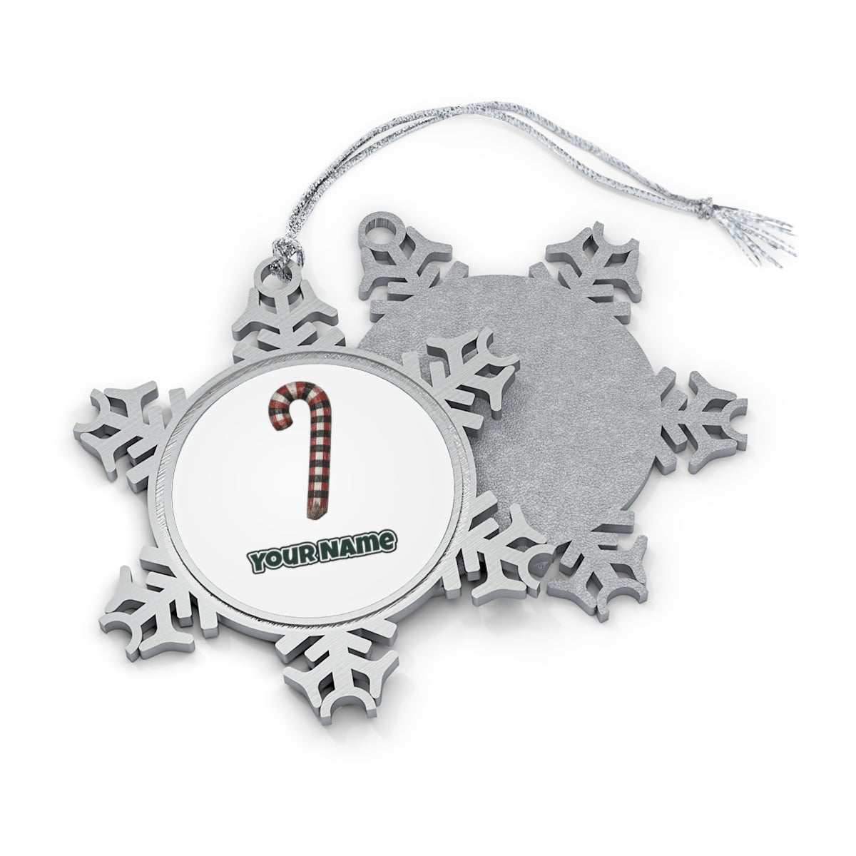 Check Painted Candy Cane Personalised Pewter Christmas Ornament