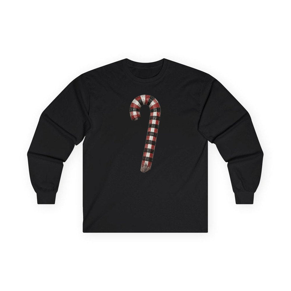 Check Painted Candy Cane personalised long sleeve Christmas T-shirt in black