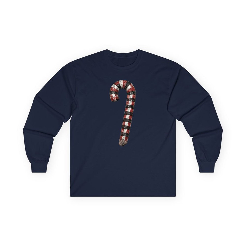Check Painted Candy Cane personalised long sleeve Christmas T-shirt in navy