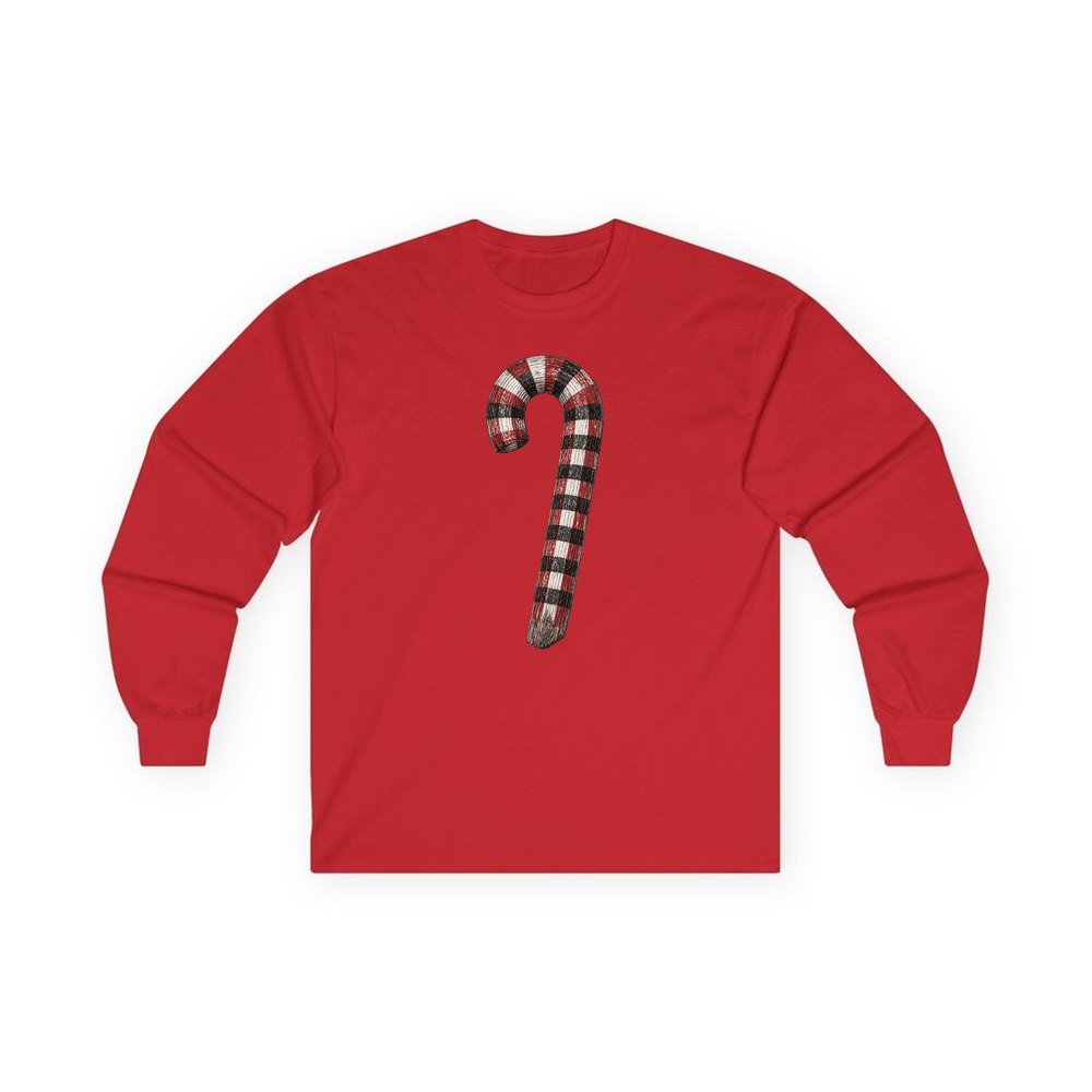 Check Painted Candy Cane personalised long sleeve Christmas T-shirt in red