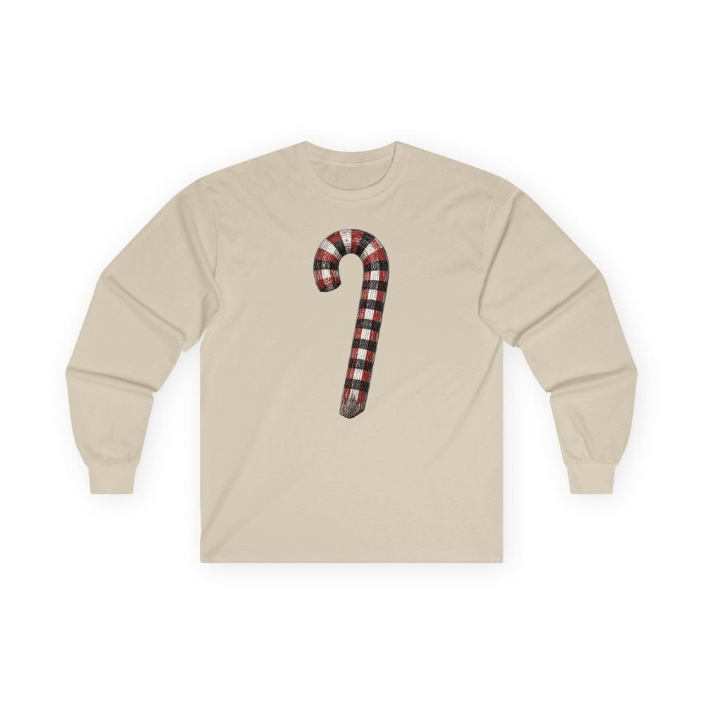 Check Painted Candy Cane personalised long sleeve Christmas T-shirt in sand