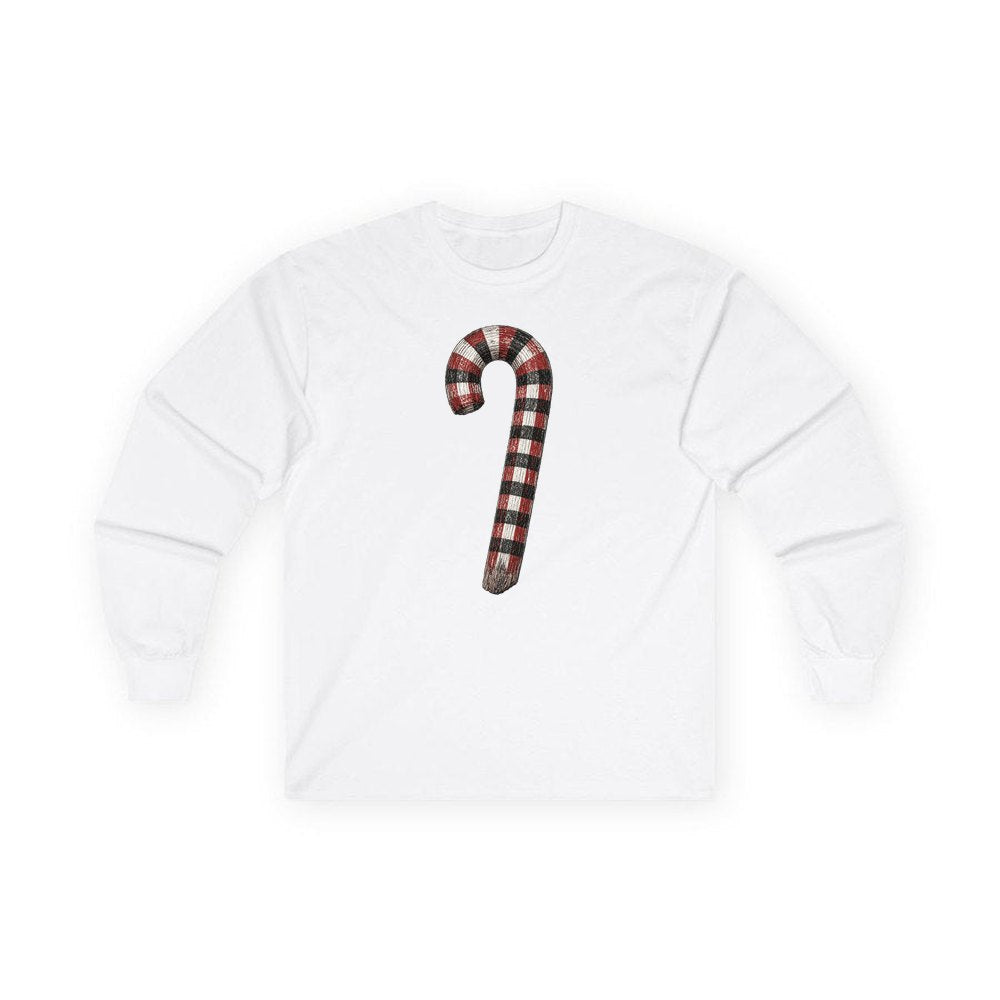 Check Painted Candy Cane personalised long sleeve Christmas T-shirt in white