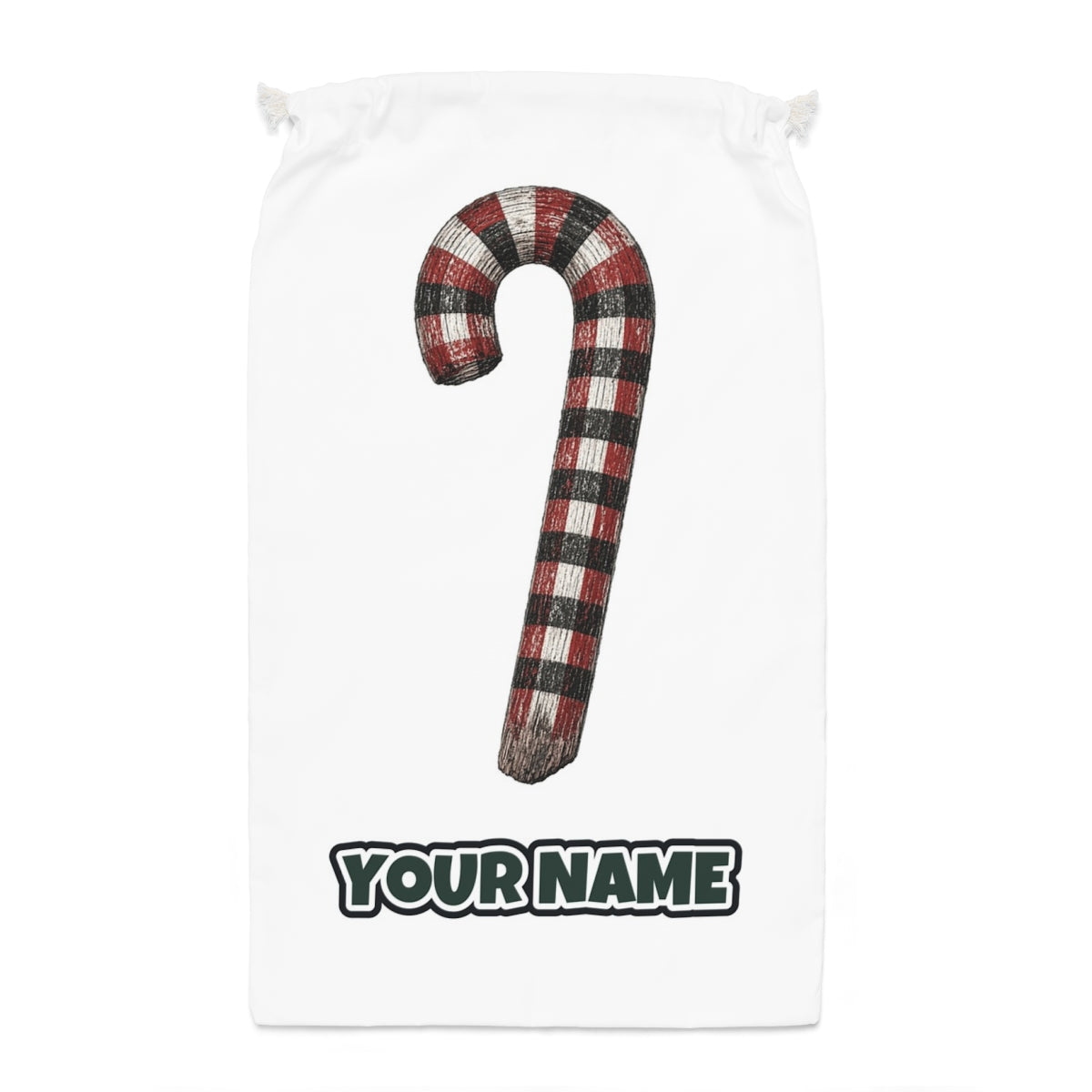 Check Painted Candy Cane Santa sack laid flat, showing the full print