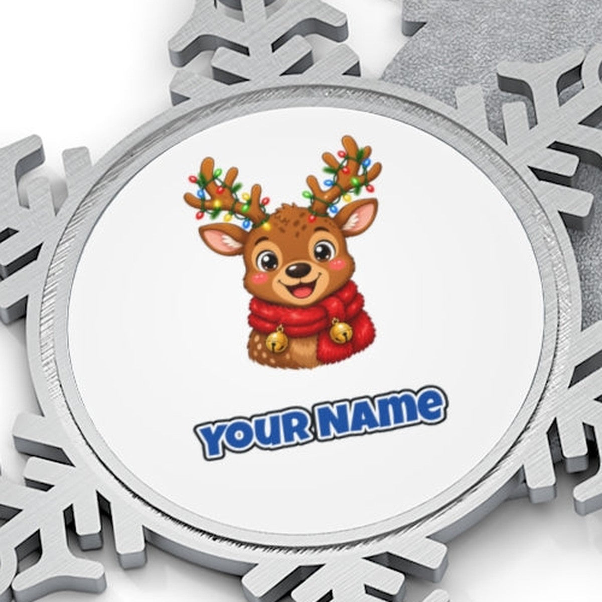 Cheeky Reindeer Fairy Lights Personalised Pewter Christmas Ornament
