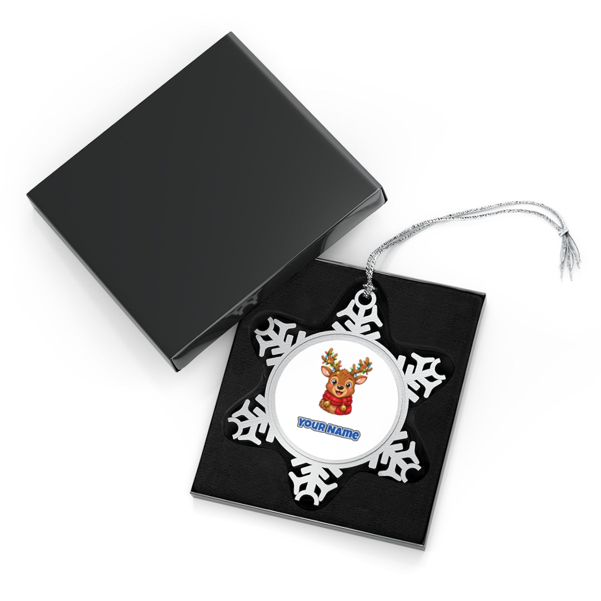 Cheeky Reindeer Fairy Lights Personalised Pewter Christmas Ornament