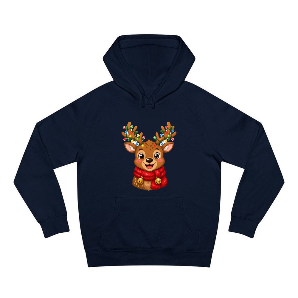 Cheeky Reindeer Fairy Lights personalised Christmas hoodie in navy