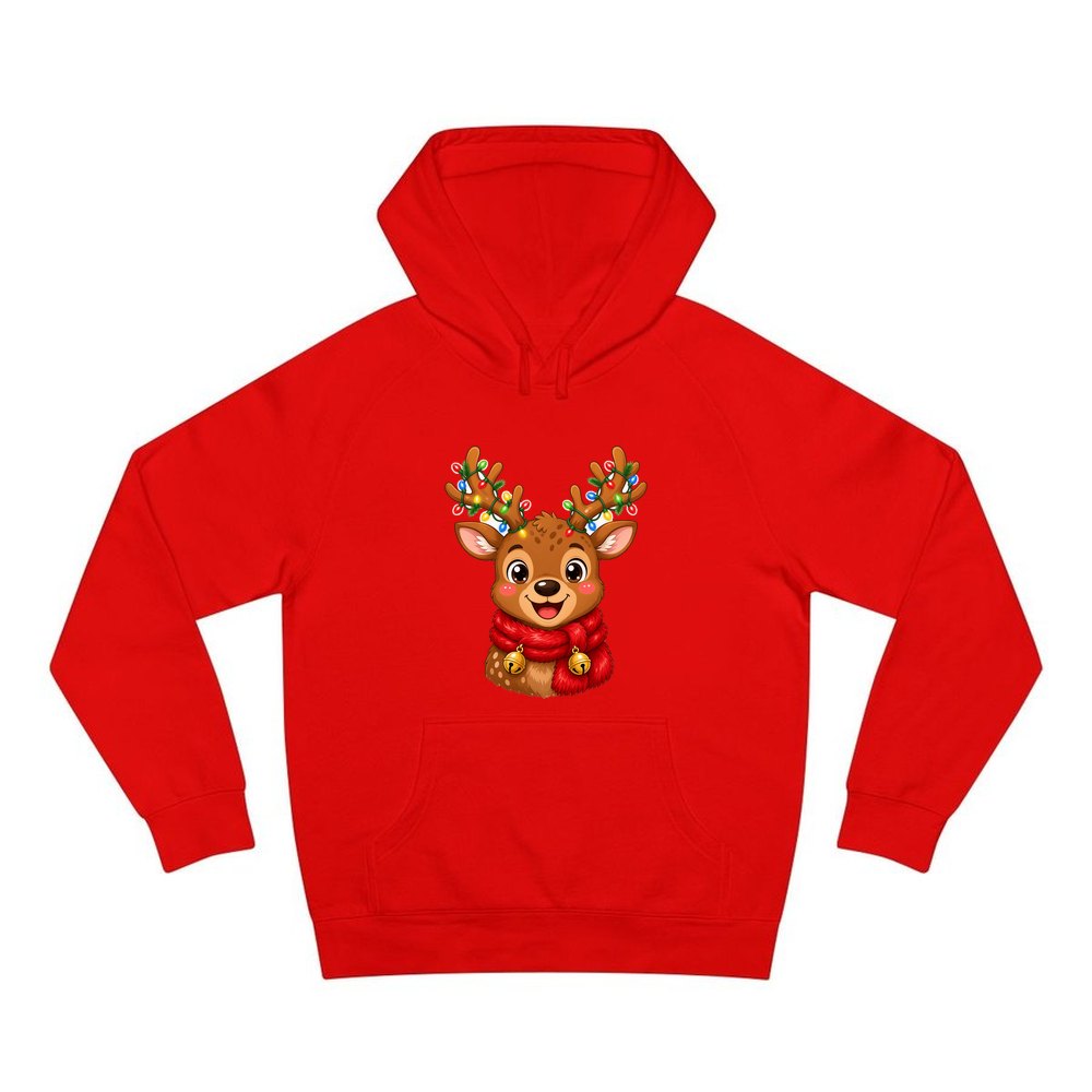 Cheeky Reindeer Fairy Lights personalised Christmas hoodie in red