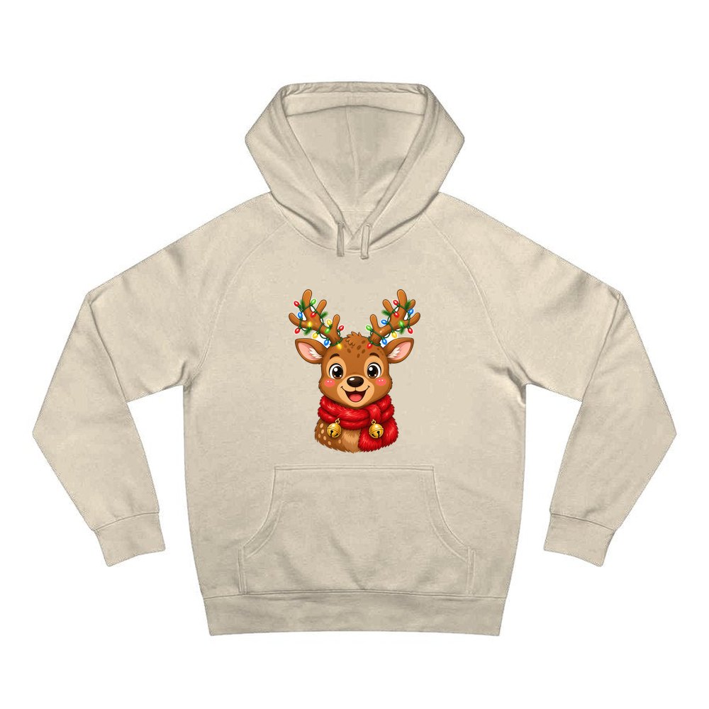 Cheeky Reindeer Fairy Lights personalised Christmas hoodie in sand