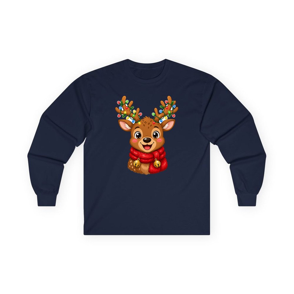 Cheeky Reindeer Fairy Lights personalised long sleeve Christmas T-shirt in navy