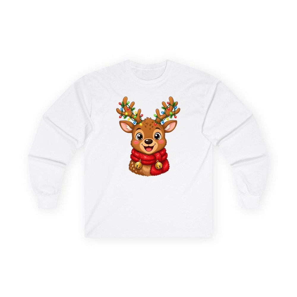 Cheeky Reindeer Fairy Lights personalised long sleeve Christmas T-shirt in white