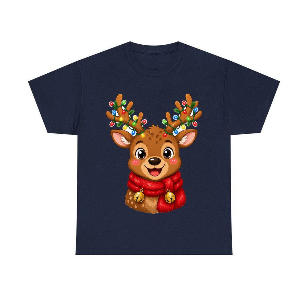 Cheeky Reindeer Fairy Lights personalised Christmas T-shirt in navy