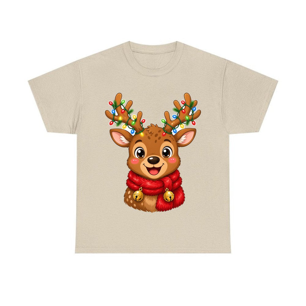 Cheeky Reindeer Fairy Lights personalised Christmas T-shirt in sand
