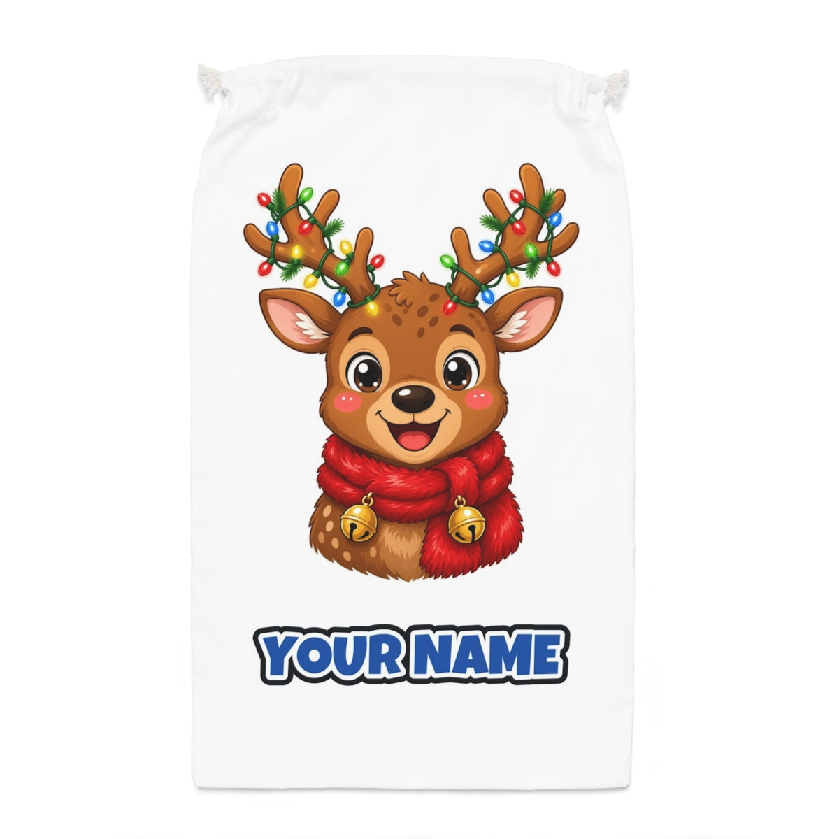 Cheeky Reindeer Fairy Lights Santa sack laid flat, showing the full print