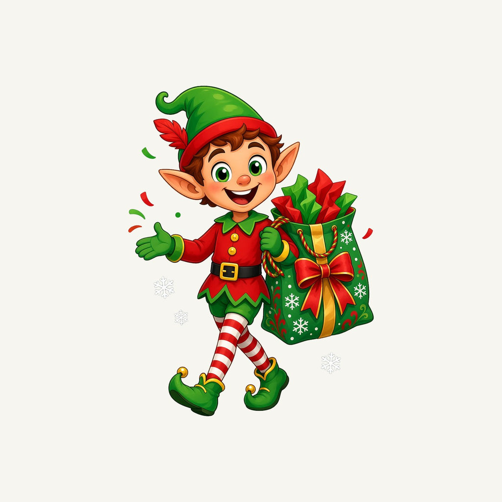 Cheerful Elf With Gift Sack Personalised Kids and Baby Christmas Tee