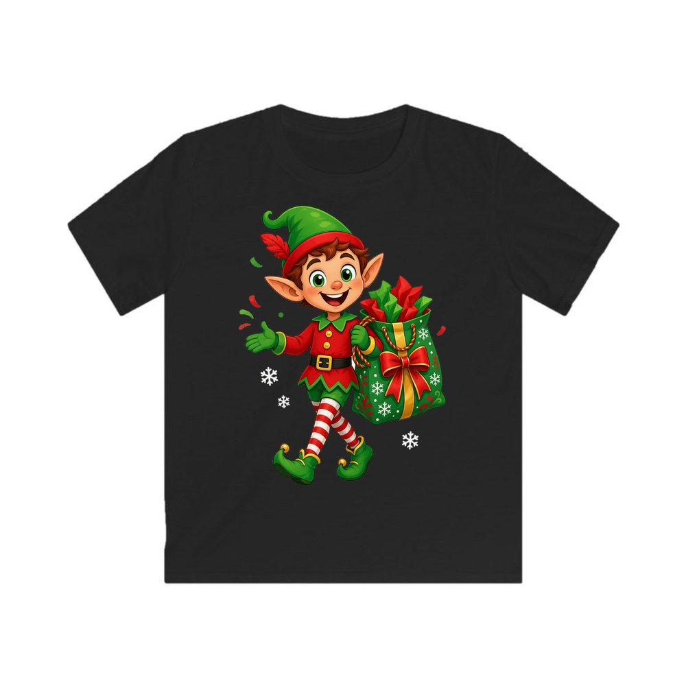Cheerful Elf With Gift Sack personalised kids Christmas tee in black