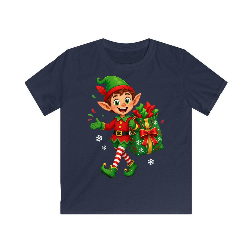 Cheerful Elf With Gift Sack personalised kids Christmas tee in navy