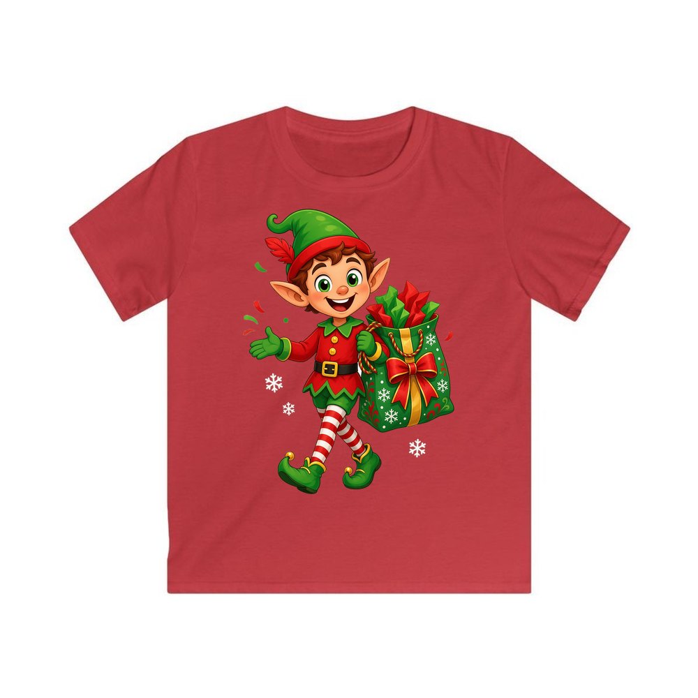 Cheerful Elf With Gift Sack personalised kids Christmas tee in red