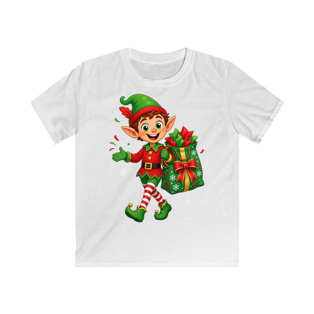 Cheerful Elf With Gift Sack personalised kids Christmas tee in white