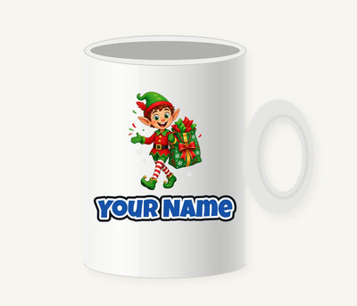 Cheerful Elf With Gift Sack Personalised Christmas Mug