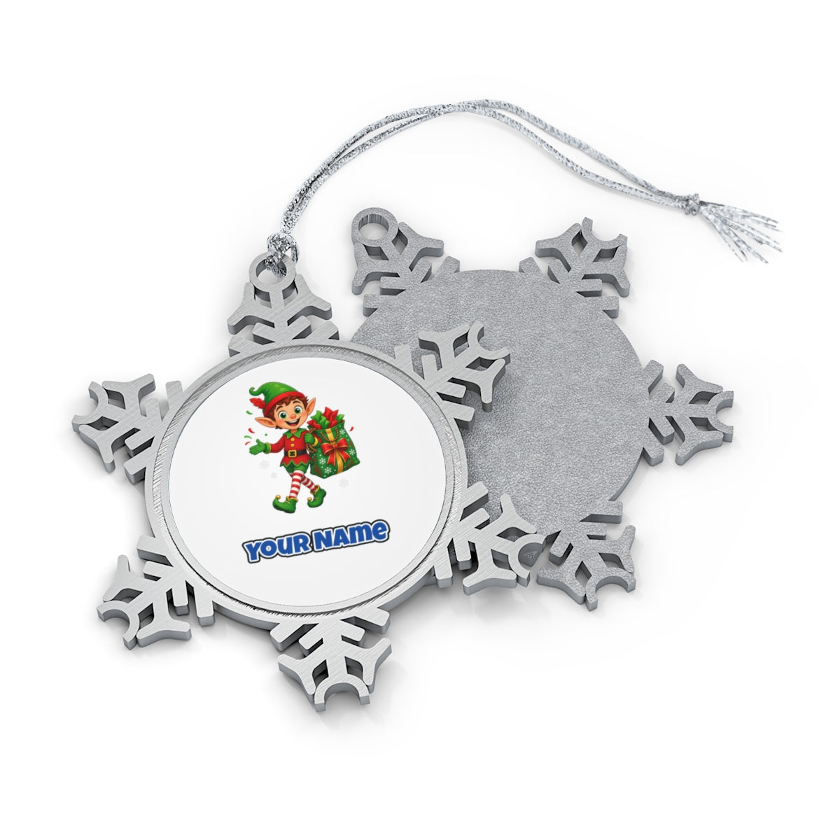 Cheerful Elf With Gift Sack Personalised Pewter Christmas Ornament