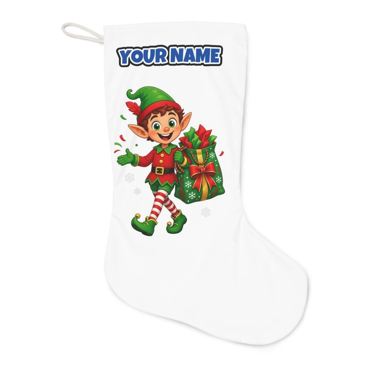 Cheerful Elf With Gift Sack Christmas stocking laid flat, showing the full print