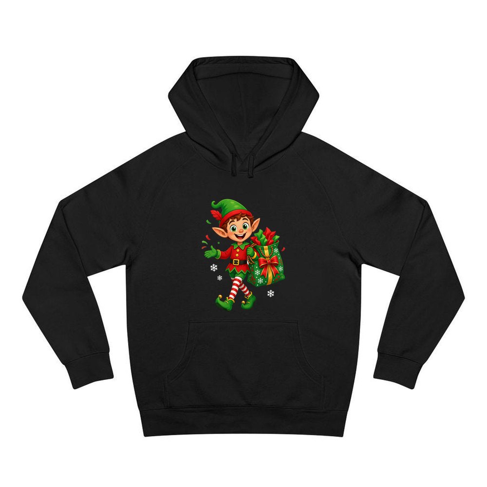 Cheerful Elf With Gift Sack personalised Christmas hoodie in black