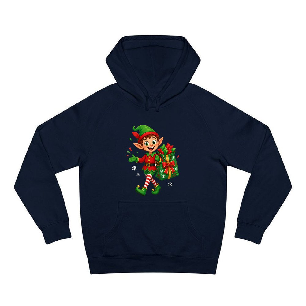 Cheerful Elf With Gift Sack personalised Christmas hoodie in navy