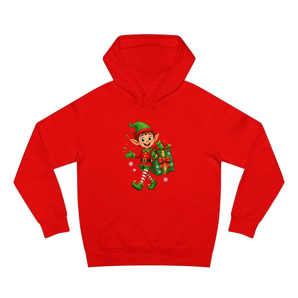 Cheerful Elf With Gift Sack personalised Christmas hoodie in red