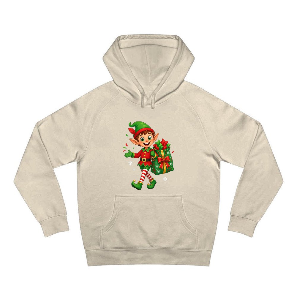 Cheerful Elf With Gift Sack personalised Christmas hoodie in sand