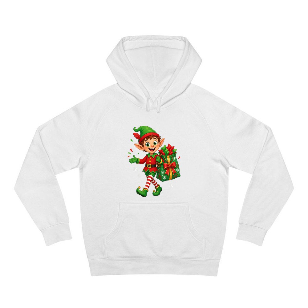 Cheerful Elf With Gift Sack personalised Christmas hoodie in white