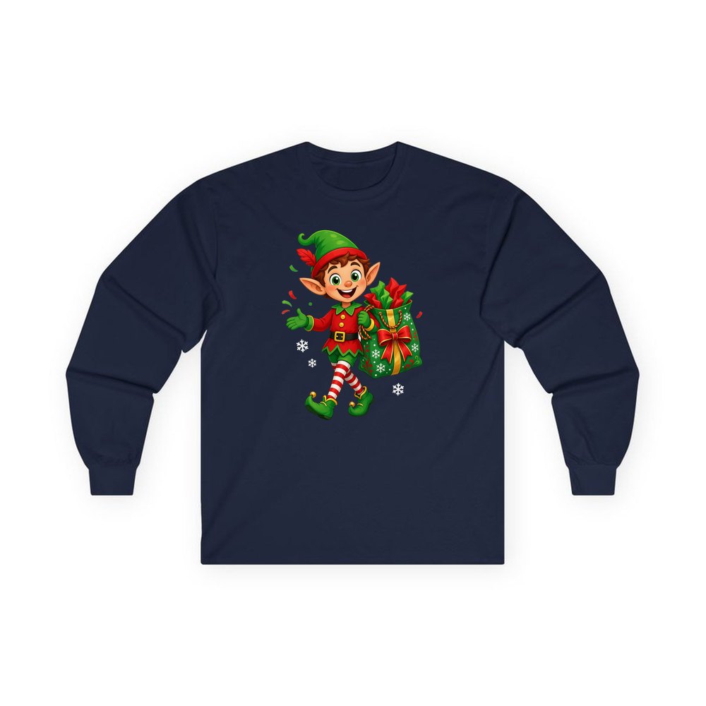 Cheerful Elf With Gift Sack personalised long sleeve Christmas T-shirt in navy