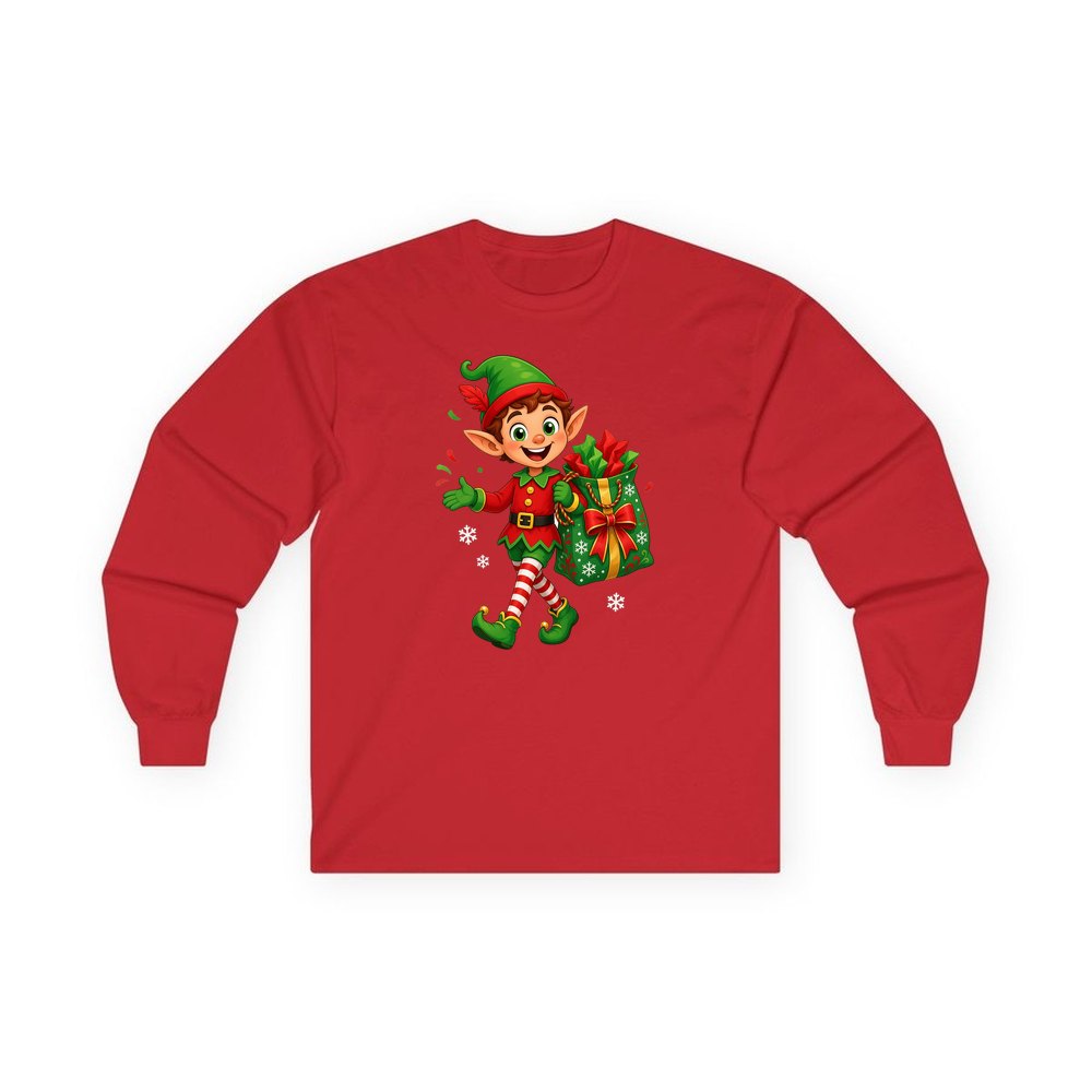 Cheerful Elf With Gift Sack personalised long sleeve Christmas T-shirt in red